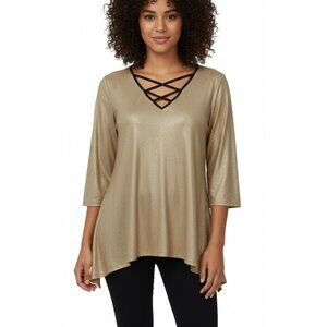 NY Collection Asymmetrical Mocha Gold Glittery Lace-Up 3/4 Sleeve Blouse(Small)